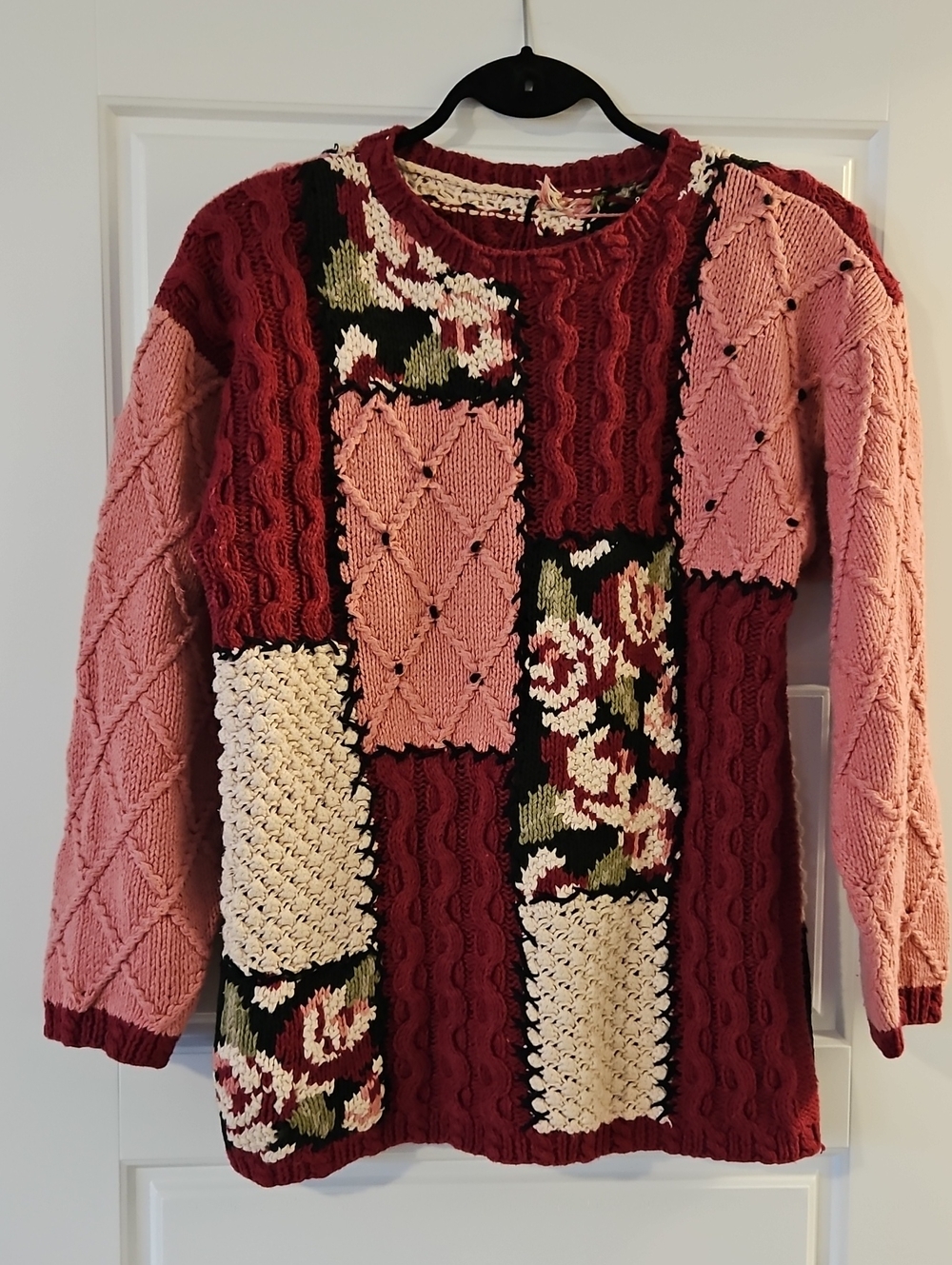 Vintage 80's Patchwork Cable Knit Sweater - Pink, Burgundy, Cream, Green